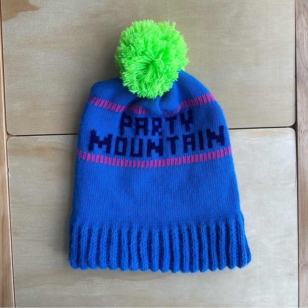 RARE Y2K Style Pom Pom Beanie Blue Neon Green Ski Knit Hat Party Mountain